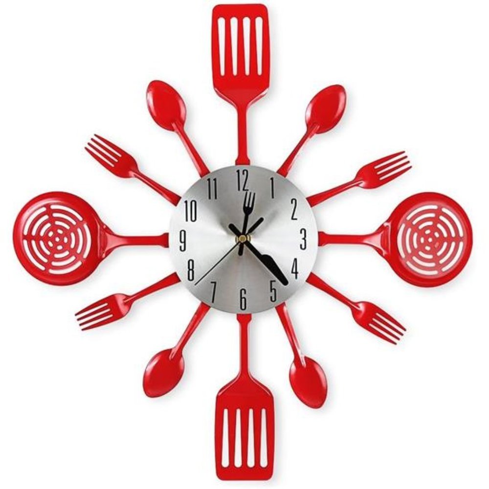 16 Inch Large Kitchen Wall Clocks with Spoons and Forks Home Decor, Red